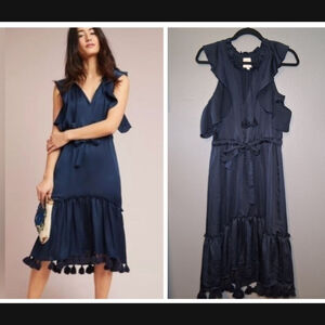 MISA Los Angeles Lenora Navy Ruffle Tassel Midi Dress